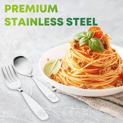 8 Pieces Toddler Utensils, Kids Stainless Steel Silverware Set - 4pcs Forks and 4pcs Spoon, Cute Children Flatware Sets with Mirror Polished, Self Feeding Safe, Dishwasher Safe