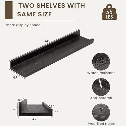 Floating Shelves for Wall, Picture Ledge Shelf 24 Inch Solid Wood Set of 2, Rustic Wall Shelves with Lip, Kids Bookshelf, Photo & Picture Live Edge Floating Shelves for Bedroom, Living Room, Kitchen