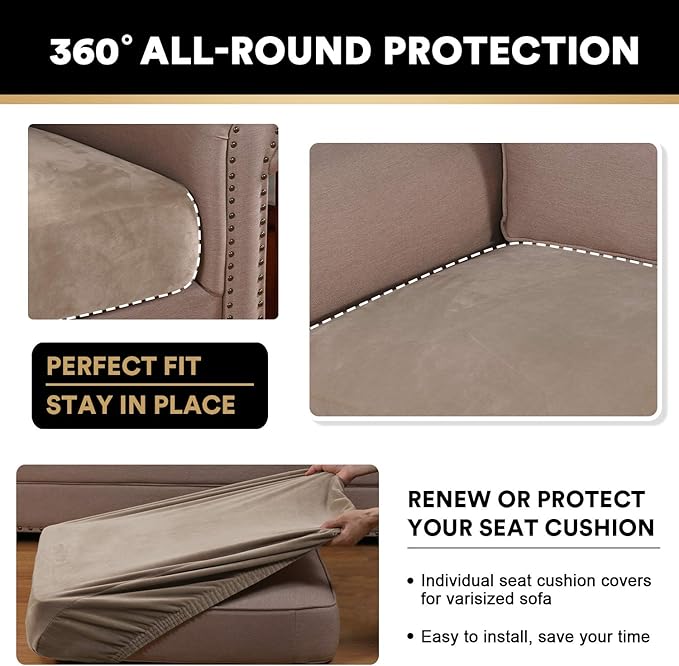 PrinceDeco Velvet Stretch Couch Cushion Cover Soft Cushion Slipcover for Chair Cushion Furniture Protector Seat Cushion Sofa Cover (Width Up to 29.5", Taupe)