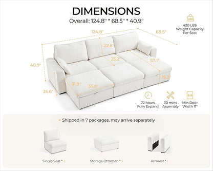 Oversized Modular Sofa Comfy Cloud Couch with Storage, Extra Deep Plush Sectional Sofa Set for Living Room, Covers Washable, Chenille, Olar (White, 6-Seater with 3 Ottomans, Sleeper)