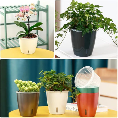 Self-Watering Pots for Indoor Plants, 6-Pack 6.7'' Self Watering Planter with Drainage Holes, Small African Violet Pots with Water Indicator, Clear Wick Pot, Black