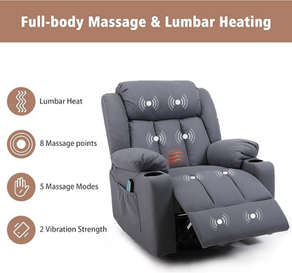Rocker Swivel Recliner Chair for Adults, Overstuffed Large Manual Recliner Glider with Massage and Heat, Comfy Soft Fabric Living Room Reclining Sofa Chair(Technical Grey)