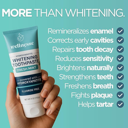 Wellnesse Whitening Hydroxyapatite Toothpaste with Xylitol, Natural Fluoride-Free Teeth Whitening Toothpaste for Adults, Strengthens Enamel, Supports Gum Health, Fresh Mint Flavor, 4 oz (Pack of 1)