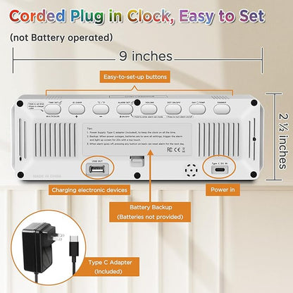 Peakeep Large Display Digital Alarm Clock for Bedrooms, Date Day of Week Temp Desk Table Clocks for Living Room Office, Dimmable Plug in Electric Clock, 5 Volumes, Loud, Auto DST