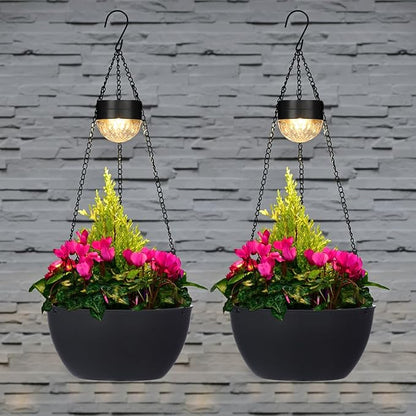 2 Packs Solar Hanging Basket Planters for Plants Outdoor, Self Watering Black Flower Plants Pots with Solar Light Drainer for Balcony Patio Garden Outdoor Decoration