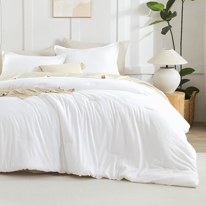 Litanika White Oversized King Comforters Super King Size, 3 Pieces Lightweight Solid Bedding Comforter Set, All Season Fluffy Bed Set (120x120In Comforter & 2 Pillowcases)