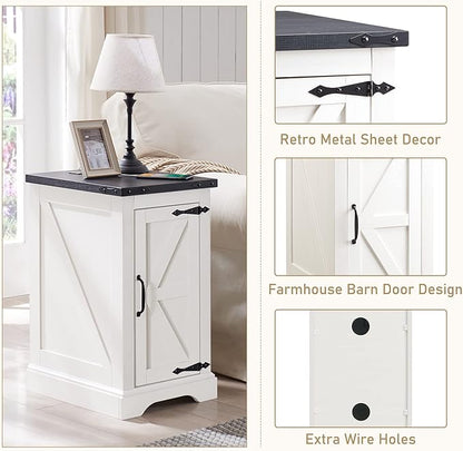 JXQTLINGMU Nightstand with Charging Station, Rectangular Farmhouse End Table with Barn Door and Adjustable Storage Shelf, 17" Deep Wood Rustic Sofa Side Table for Living Room, Bedroom, White