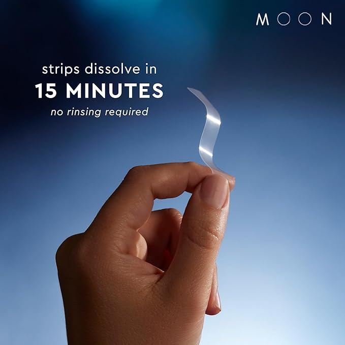 MOON Dissolving Teeth Whitening Strips - Vegan, Easy-to-Use, No Rinse White Strips - Hydrogen Peroxide and Essential Oils Infused Gentle Teeth Whitening Kit - Travel Essentials for Oral Care (56 Ct)