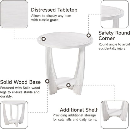 Rustic Farmhouse end Table X 2P with Storage Shelf, French Country Accent Side Table for Family, Dinning or Living Room, Small Spaces, Modern, Round, White