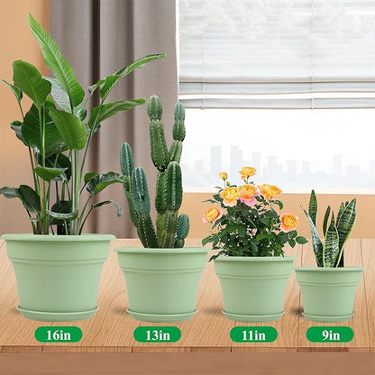 11 Inch Plastic-Flower-Pot-for-Indoor-Plants, 4 Pack Large Outdoor Planter Pot with Drainage Holes & Saucers, Resin Decorative Garden Pots Planters