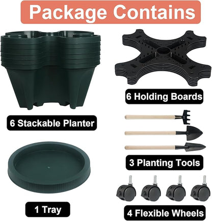 Vertical Planter 6 Tier Stackable Planters Garden Planters Strawberry Herb Flower and Vegetable Planter Indoor Outdoor Gardening Pots with Removable Wheels and Tools 2-Pack