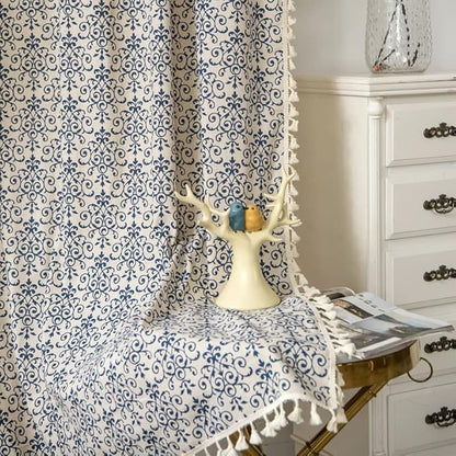 Sutuo Home Boho Curtain 84 Inches Length Semi-Blackout Bohemian Damask Moroccan Florals Print Darkening Curtains Tassels, Rod Pocket Window Treatment Drapes for Bedroom, 1 Panel 59" W x 84" L, Blue