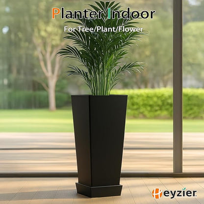 Tall Planters for Outdoor Plants, Large Resin Flower Pots with Saucers for Garden, Front Porch, Patio, Indoor - Set of 2 (Black, 30 inch - 2 Pack)