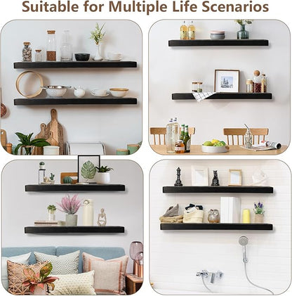 Solid Wood Floating Shelves Set of 2 - Natural, Warp & Crack Resistant 35.43 Inch Wall Shelf with Invisible Brackets Thicker, More Durable for Bathroom, Bedroom, Kitchen, Living Room (Black, 35.43)