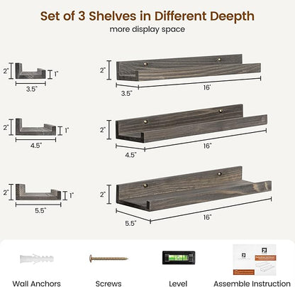 Picture Ledge Wall Shelves - Set of 3, 16 Inch Width, Solid Pine Wood Rustic Floating Ledge Shelves for Kids' Room, Bedroom, Kitchen, Bathroom, Living Room, Nursery Display Decor, Grey