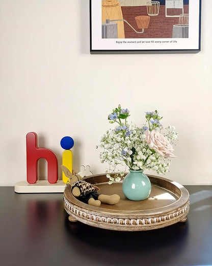12 Inches Rustic Wooden Decorative Tray, Small Round Beaded Wood Tray for Kitchen Dinning Table Centerpiece Decor Entryway Living Room Home Decor, Brown
