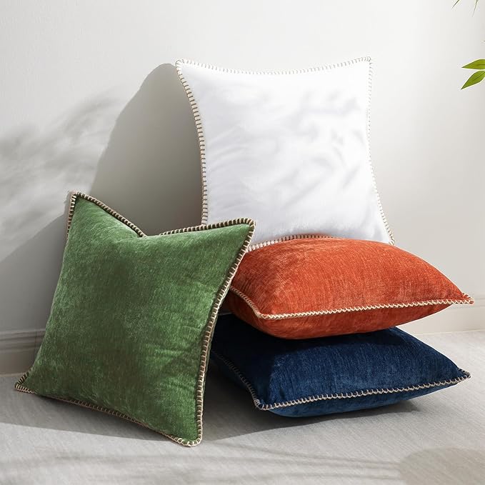 decorUhome Fall Chenille Soft Throw Pillow Covers 22x22 Set of 2, Farmhouse Velvet Neutral Decorative Euro Pillow Covers with Stitched Edge for Couch Sofa Bed Home Decor, Forest Elf