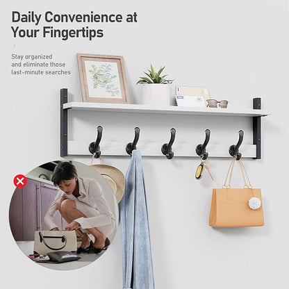 Tatub 29" Coat Rack Wall Mount with Shelf, Entryway Wall Hooks with Shelf, Coat Hangers for Bathroom, Living Room, Bedroom, Rustic White