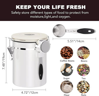 ShanSon Coffee Canister Airtight Coffee Container Stainless Steel Coffee Bean Storage Container with CO2 Release Valve and Scoop Coffee Canister for Beans,Grounds,Sugar,Flour,Tea,Cereal,22OZ,Off-White