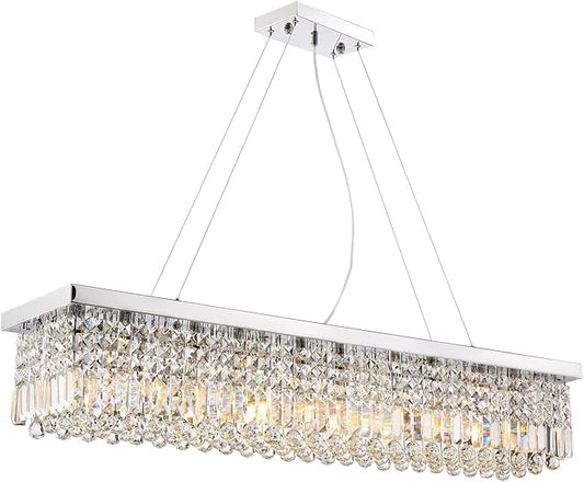 Siljoy Modern Rectangular Crystal Chandelier, 47" Rectangle Raindrop Hanging Ceiling Pendant Light Fixture Adjustable Height for Kitchen Island Dining Room, Polished Chrome Finish, L47 x W10 x H10