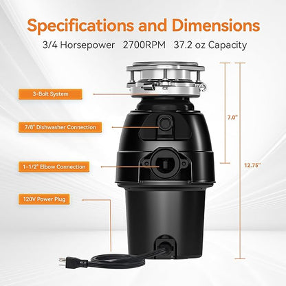 3/4 HP Garbage Disposal, TECASA Food Garbage Disposal with Power Cord, Stainless Steel Grinding System and 3-Bolt Mounting, Continuous Feed Garbage Disposals, Quiet, Taskmaid Series 75
