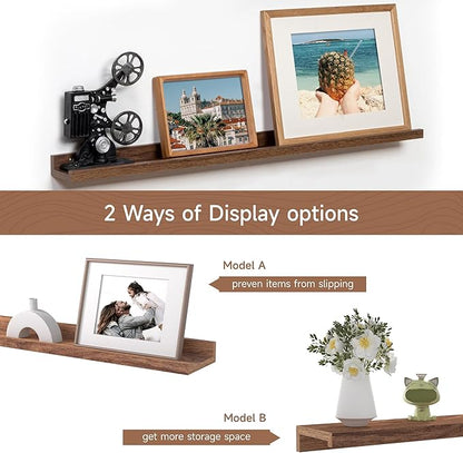 Fun Memories Picture Ledge Shelf, 36 Inch Floating Shelves Set of 2, Nursery Book Shelves for Toys Storage, Kids Bookshelf Wall Mounted for Wall Decor Books Photo Frames, Walnut