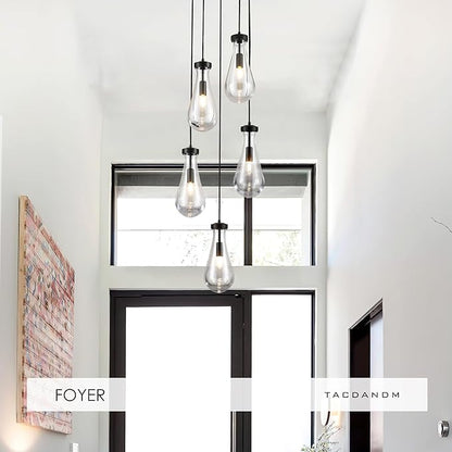 5-Light Raindrop Pendant Light Fixtures, Black Glass Pendant Lighting, Teardrops Modern Hanging Light for Entryway Foyer Kitchen Island Dining Living Room Hallway