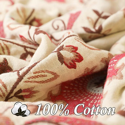 Snycler Boho Throw Blanket for Bed - 100% Cotton Ultra Soft Rustic Quilt - Pink Boho Floral Printed Farmhouse Decor Bed Blankets, 80"×90" All Season Rustic Throw for Sofa Couch Chair