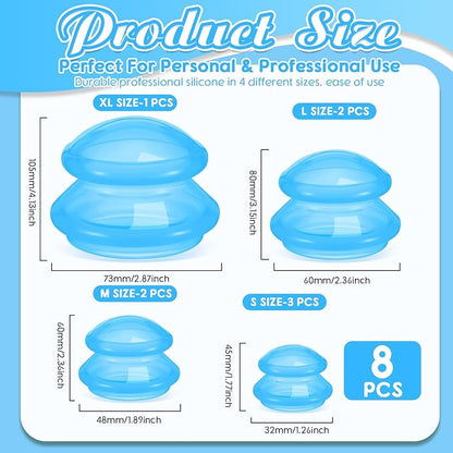 Nuanchu 8 Pcs 4 Sizes Cupping Therapy Set with Satin Bag Silicone Massage Cups Professional Cupping Therapy Vacuum Cup for Cellulite Joint Pain Muscle Pain(Clear Blue)