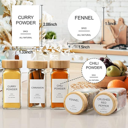 AISIPRIN Glass Spice Jars with 398 Labels, 24 pcs 4oz Spice Containers with Bamboo Lids, Square Spice Bottles With Shaker Lids,Spice Organization for Cabinet,Drawer,Rack,Seasoning Organizer