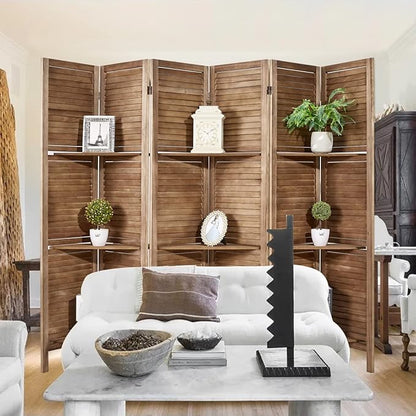 Room Divider with Shelves, Privacy Screen, Room Dividers and Folding Privacy Screens, 6 Panel Wood Temporary Wall Partition Separation Separator, Brown