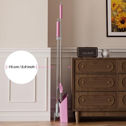 JOYMOOP Pink Broom and Dustpan Set with 56” Handle, Upright Angle with Built-in Comb Teeth for Hardwood Floors and Pet Hair