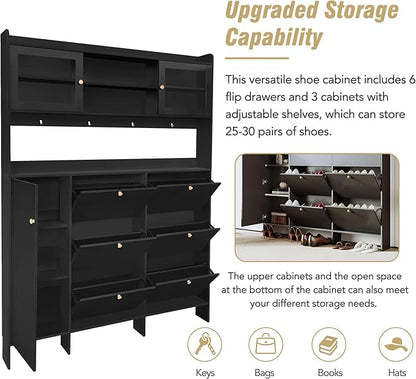 Ball & Cast Tipping Bucket 3-Tier Shoe Cabinet with 6 Flip Drawers and Storage Shelf,Entryway Hall Tree with Tempered Glass Doors and 4 Hooks,for Hallway,Mudroom,Living Room,Black