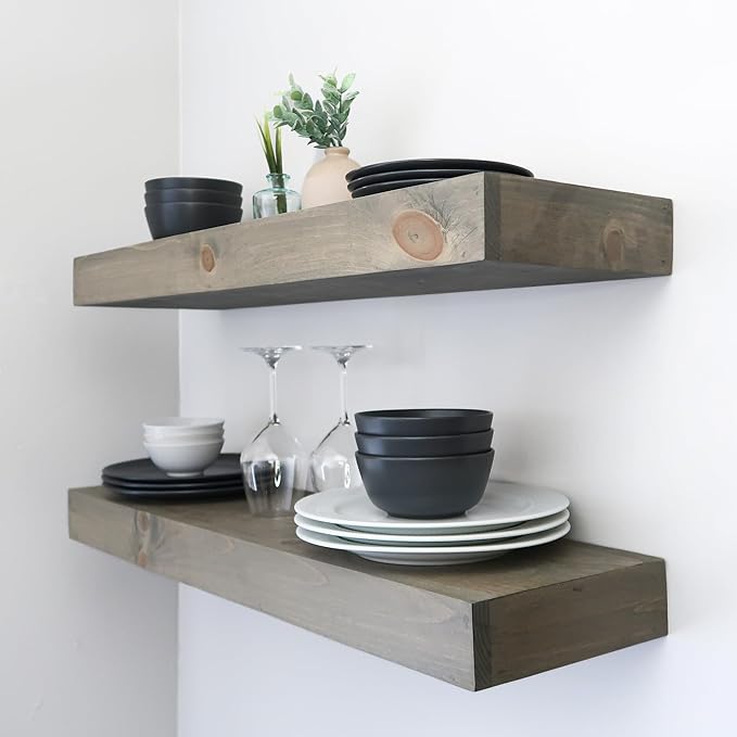 Modern Floating Shelves 3 Inches Thick for Wall, Wide Shelves for Kitchen, Living Room, Bedroom, and Bathroom, Natural Pine Wood, Rustic Wooden Shelf, (Set of 2) (Aged Barrel, 36Lx3Hx8D)