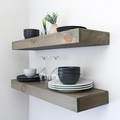 Modern Floating Shelves 3 Inches Thick for Wall, Wide Shelves for Kitchen, Living Room, Bedroom, and Bathroom, Natural Pine Wood, Rustic Wooden Shelf, (Set of 2) (Aged Barrel, 48Lx3Hx6D)