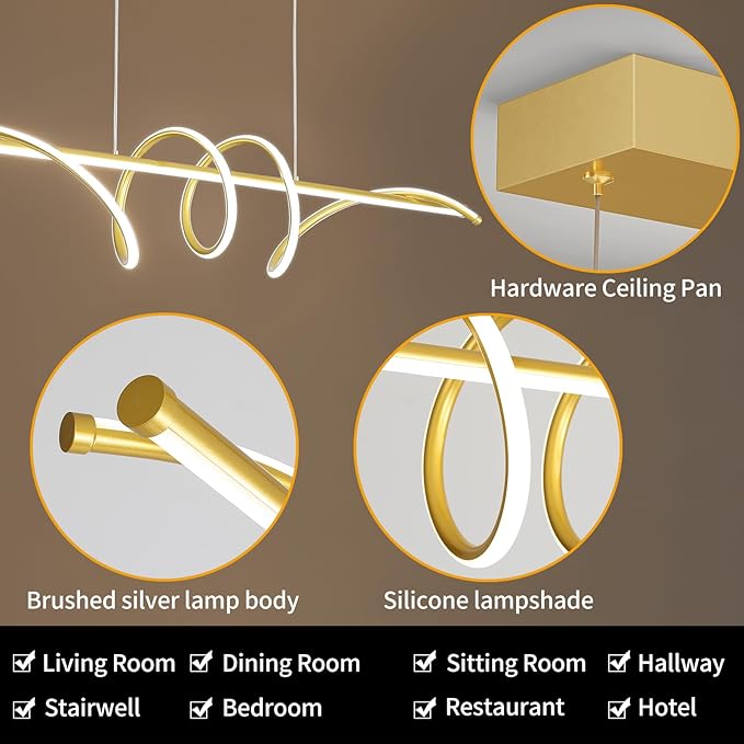 Modern Design Dimmable Desk Linear Pendant Light, with Remote Control Dimmable 3 Color Mode & Brightness Ceiling Lamp, Anti-Flicker Dining Light Fixture for Kitchen, Dining Room (Gold, 47IN)