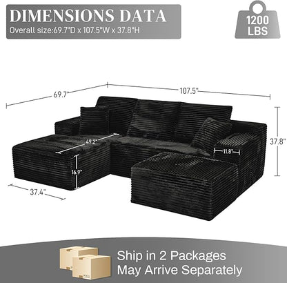 Modular Sectional Sofa Cloud Sectional Couch, 107" Comfy Fluffy U Shaped Black Couches for Living Room, Deep Seat Memory Foam Plush Corduroy Boneless Couch Sectionals with Left Facing Chaise Sofa