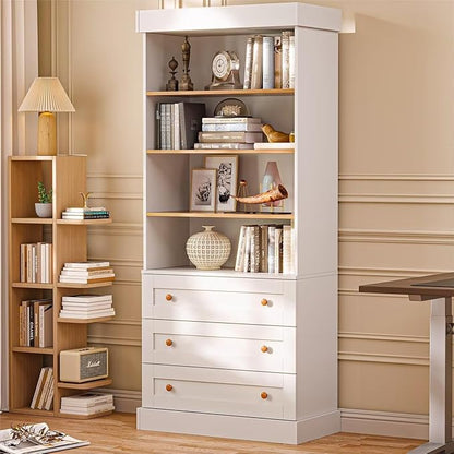 Vyre 71" Tall Farmhouse Bookshelves with Drawers, Set of 4 – Large Modular Bookcase with Adjustable Shelves, Storage Cabinet for Living Room, Kitchen, Home Office, White