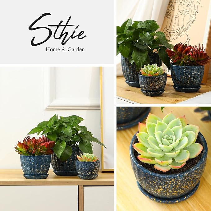 Ceramic Plant Pots with Drainage Holes and Saucers, Round Blue Flower Pots for Indoor Plant, Diameter 3.3/4.3/5.5 Inches Small Mini Flower Planters Set of 3