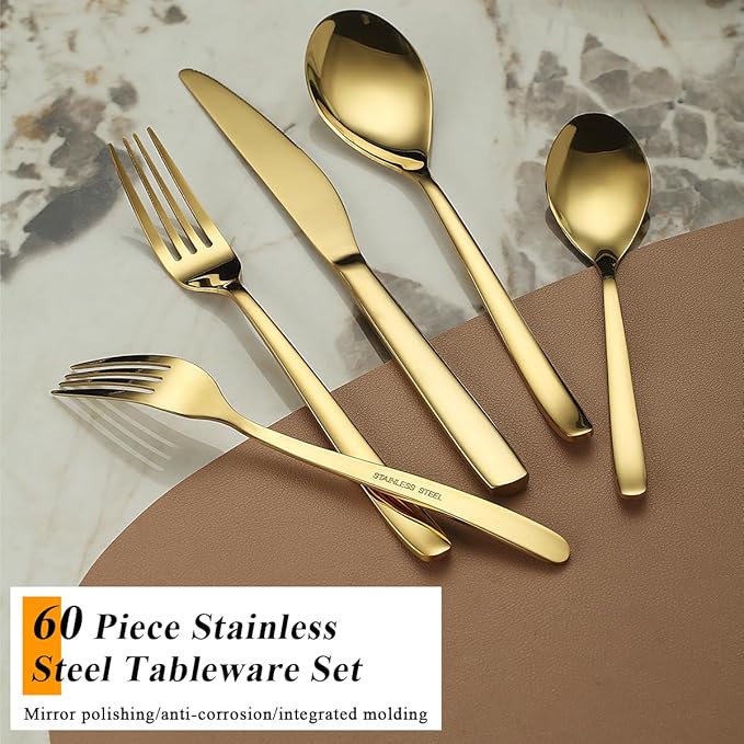 Berglander Gold Silverware Set 60pcs Service for 12, Golden Titanium Plating Stainless Steel Flatware Set, Gold Spoons Forks Knives Set for Home, Wedding, Restaurant, Hotel, Dishwasher Safe