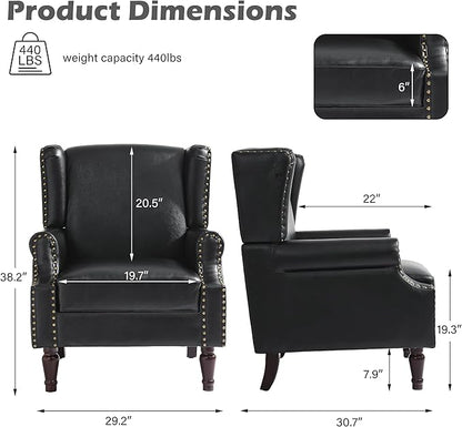 UIXE PU Leather High Back Accent Chair, Upholstered Armchair for Living Room, Retro Wingback Arm Chair Nailhead Trim Single Sofa Bedroom Reading Seat with Solid Wood Legs - Black
