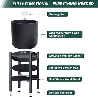 D'vine Dev Ceramic Planter with Ebony Stand - 8 Inch Modern Round Flower Pot with Wood Planter Holder, Black, 55-B-M-2