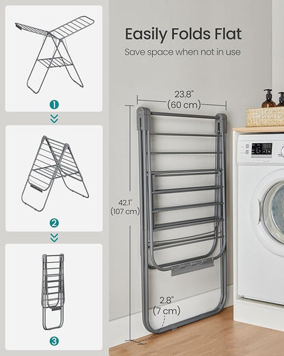 SONGMICS Clothes Drying Rack, with Sock Clips, Metal Laundry Rack, Foldable, Space-Saving, Free-Standing Airer, with 2 Height-Adjustable Gullwings, Indoor Outdoor Use, Gray ULLR052G01