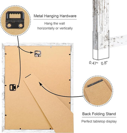 11x14 Picture Frame Set of 4, 11 x 14 Wood Photo Frames with Mat for 8x10, Rustic Natural Wooden Frame with Real Glass Cover for Wall and Tabletop Display,Distressed White
