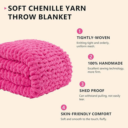 L'AGRATY Chunky Knit Blanket Throw: 50''x60'' Chenille Chunky Knitted Throw Blanket for Bed Couch - Handmade Thick Big Cable Knit Blankets - Large Crochet Rope Blanket for Home Decor(Hot Pink)