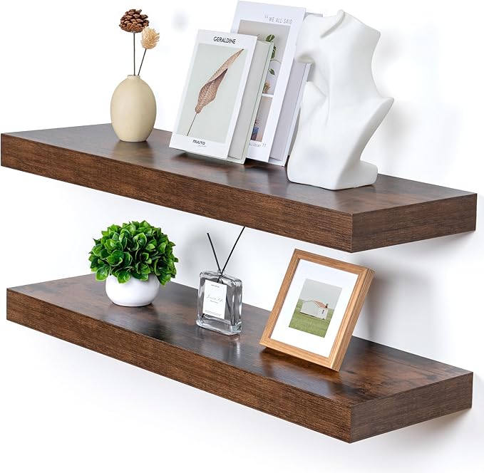 Deep Floating Shelves, 12 Inch Deep Rustic Floating Shelves for Wall Set of 2, 36W x 12D Large Wood Shelves for Living Room Bathroom Laundry Room Bedroom Kitchen Home Office - Rustic Brown