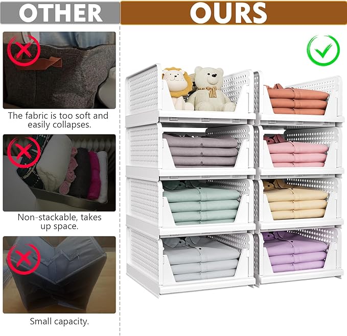 SNSLXH 5 Pack Stackable Closet Storage Basket, Multifunctional & Foldable Closet Organizer for Bathroom Kitchen Laundry Room Wardrobe Storage, Space-Saving Clothes Storage Drawer Organizer, White