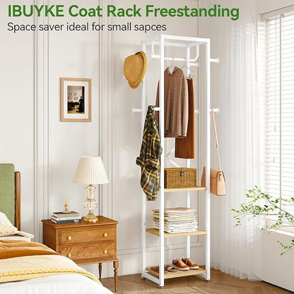 IBUYKE Coat Rack with Shelves, Freestanding Hall Tree with 3 Shelves and 8 Hooks, Industrial Clothes Stand for Entryway, Hallway, Bedroom, Natural UTMJ088R