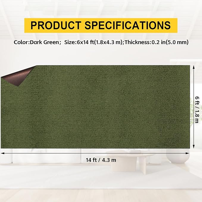 Marine Carpet,6 FT x 14 FT Olive Green Indoor Outdoor Carpet 0.2" Thick with Water-Proof TPE Backing, Non-Slide for Home, Patio, Porch, Deck