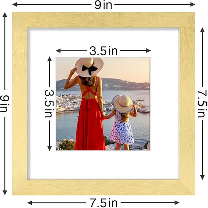 Vittanly 8x8 Picture Frames Set of 9, Shatter Resistant Plexiglass, Display 4x4 Pictures with Mat or 8x8 without Mat, Photo Frames for Wall Mount, Engineered Wood, Gold